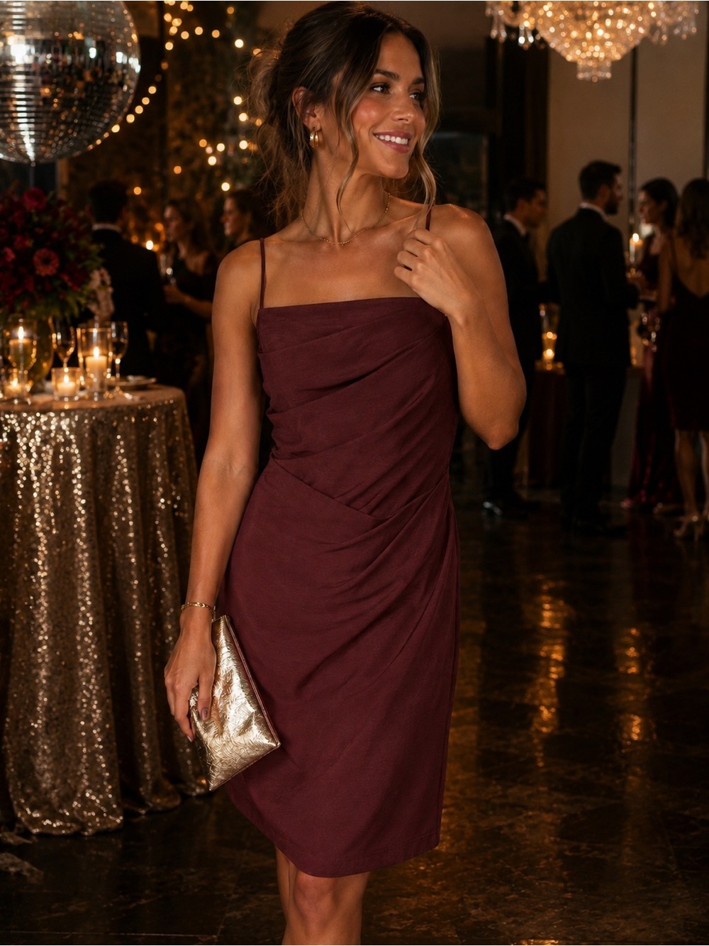 MNG (Mango) Burgundy Draped Midi Dress | Size Medium | Party Dress